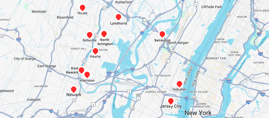 Map highlighting Kearny NJ and surrounding towns served by Platinum Mobile Force mobile auto detailing